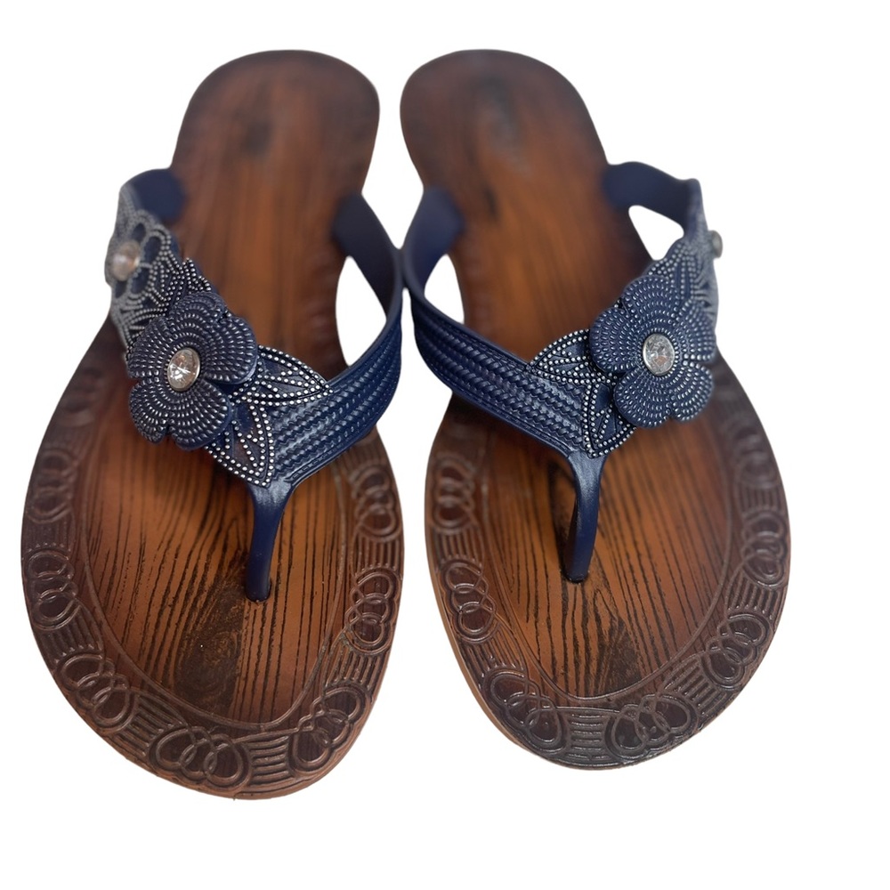 Capelli  Womens Navy Blue 3D Flower Design Wood Look with Crystals Flat Sandals